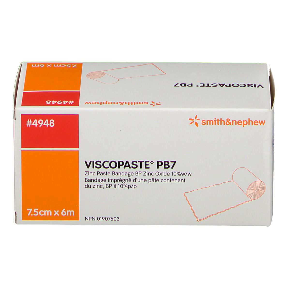 Boîte Viscopaste PB7, 7,5cm x 6m. Inscription: Pansement à la pâte de zinc BP Zinc Oxide 10%p/p. Logo Smith & Nephew.