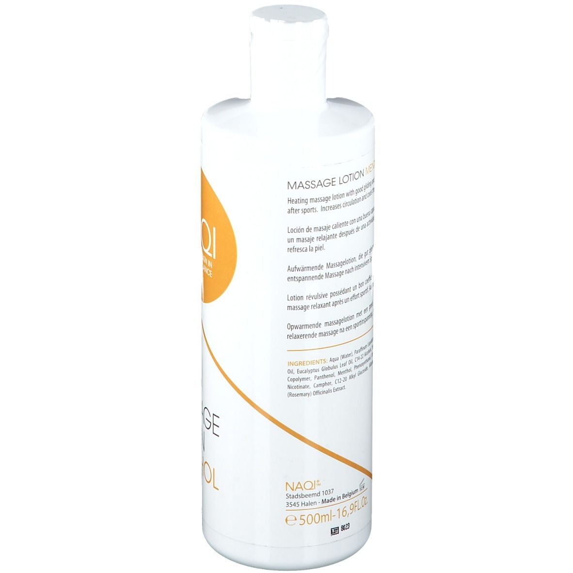 Rückseite der weißen Flasche. Text in mehreren Sprachen. Aufschrift: NAQI, 500ml.