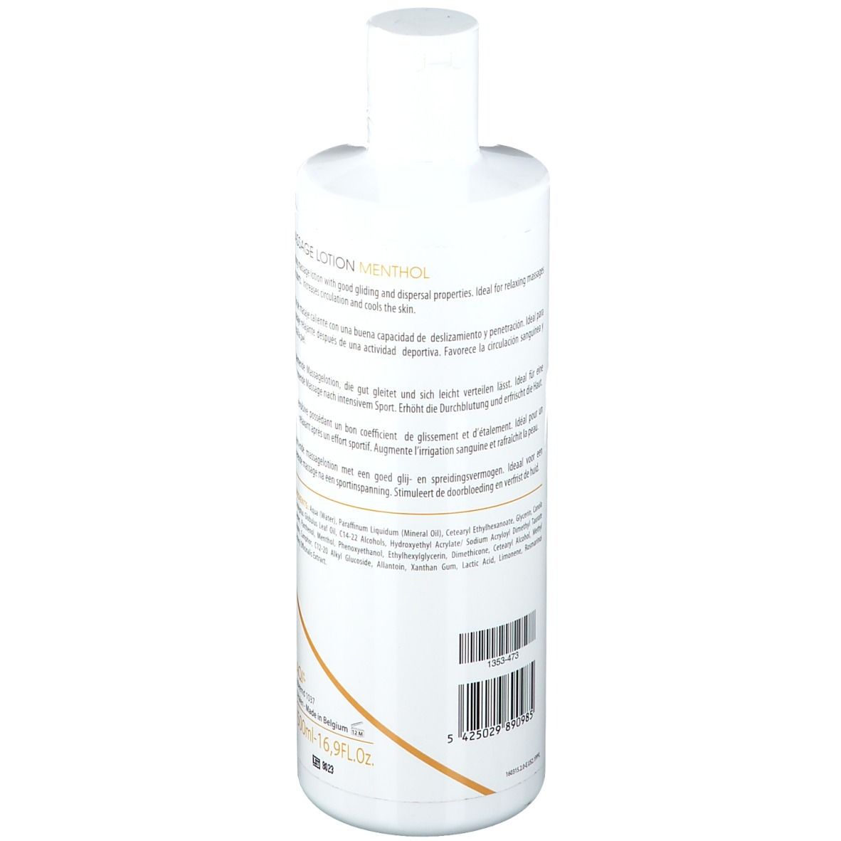 Rückseite der weißen Flasche. Text in mehreren Sprachen. Barcode sichtbar.