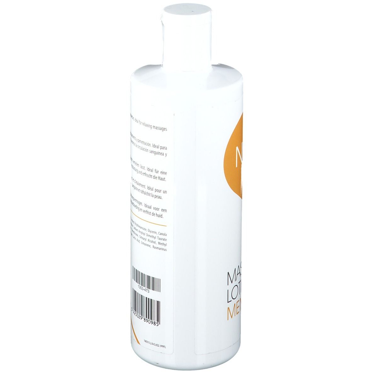 Rückseite der weißen Flasche. Text in mehreren Sprachen. Barcode sichtbar.