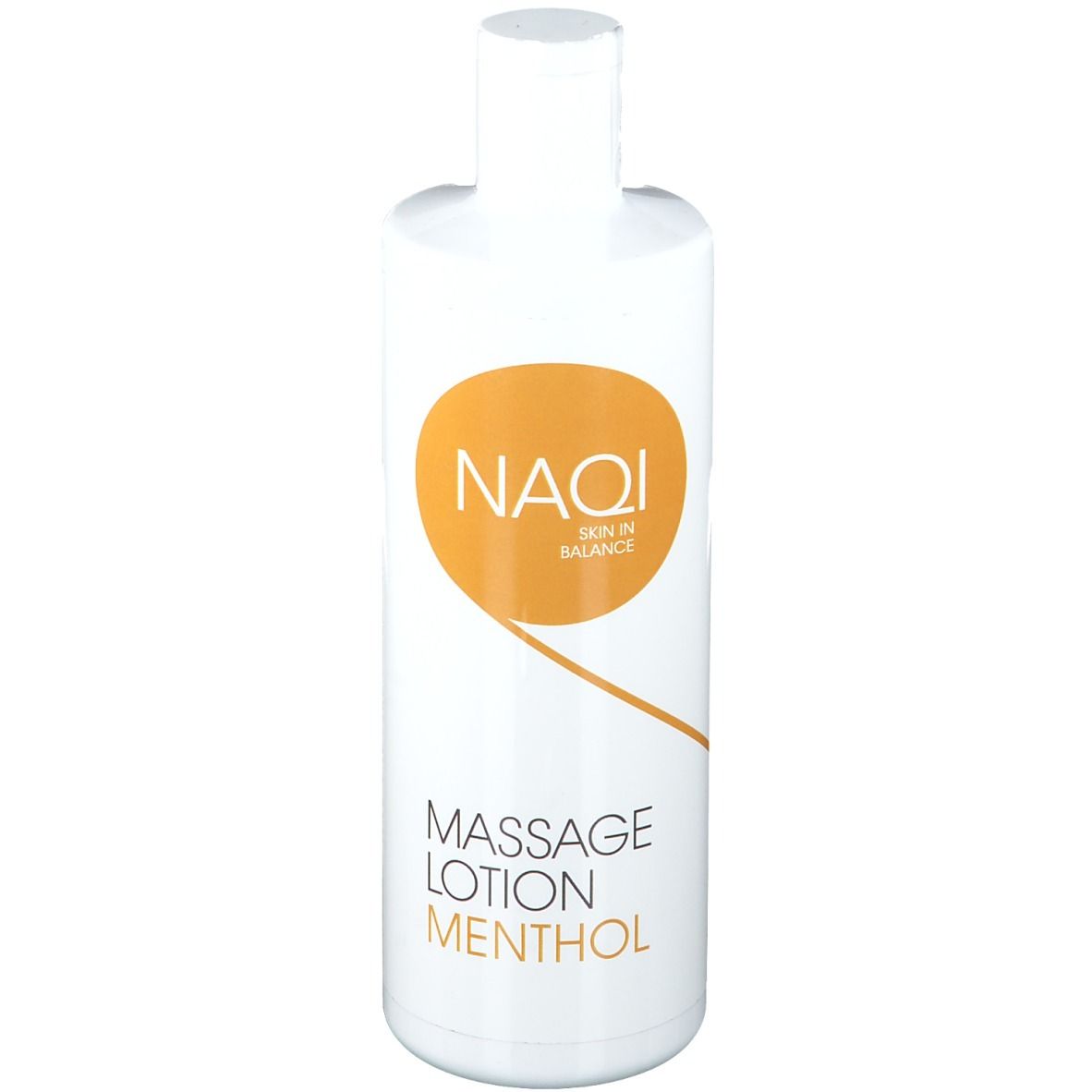 Weiße Flasche mit orangefarbenem Etikett. Aufschrift: NAQI, Massage Lotion Menthol.