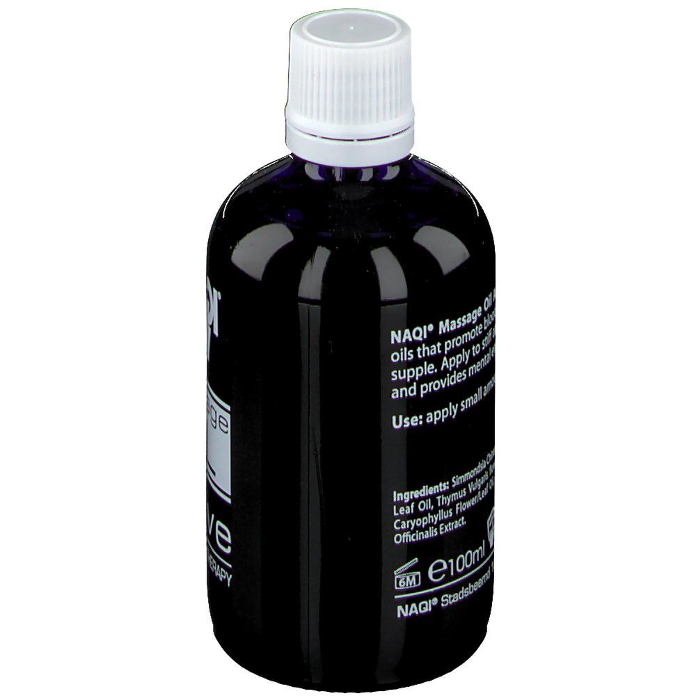 Flacon bleu foncé avec bouchon blanc. Inscription: NAQI Massage Oil. Dos avec texte et ingrédients.