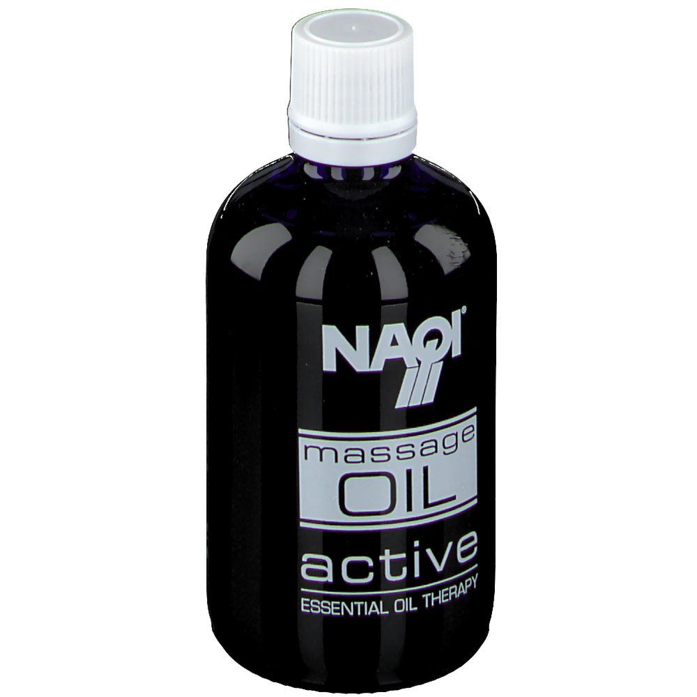Flacon bleu foncé avec bouchon blanc. Inscription: NAQI, Massage Oil Active, Essential Oil Therapy.