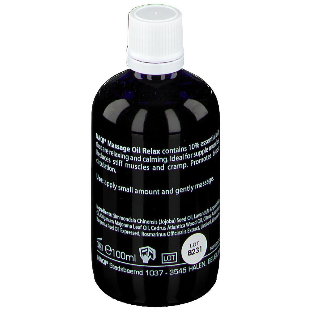 Flacon bleu foncé avec bouchon blanc. Inscription : NAQI, massage OIL relax. Texte avec ingrédients et numéro de lot.