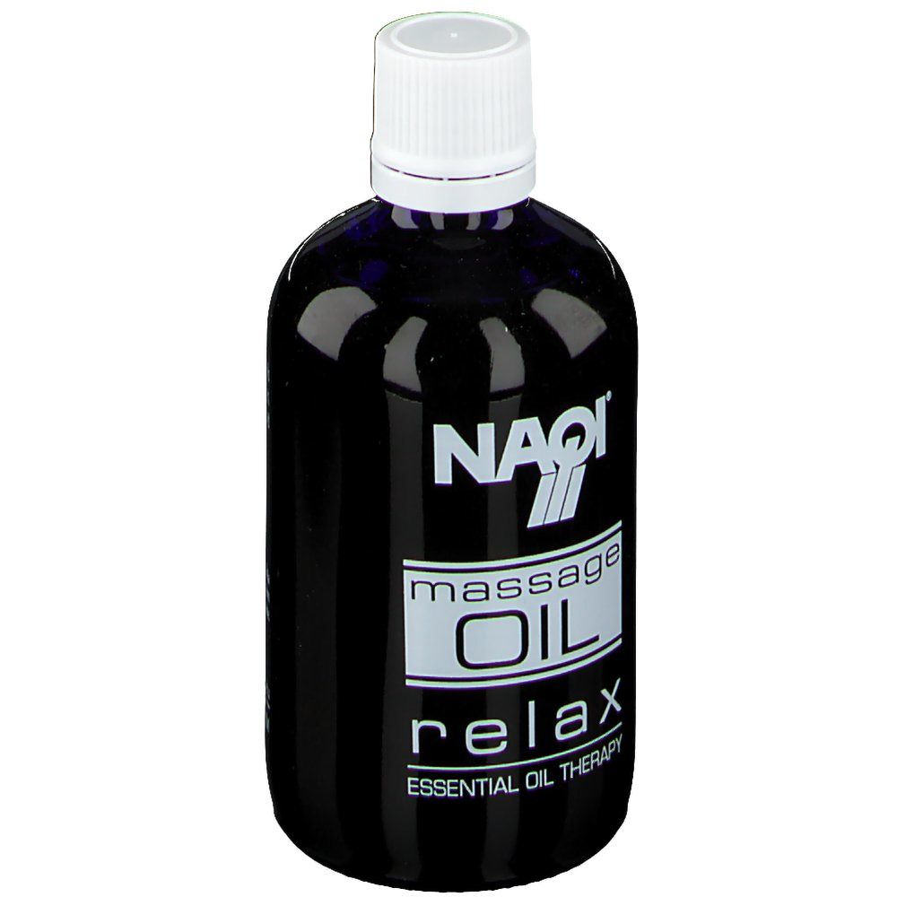 Flacon bleu foncé avec bouchon blanc. Inscription : NAQI, massage OIL relax, Essential Oil Therapy.