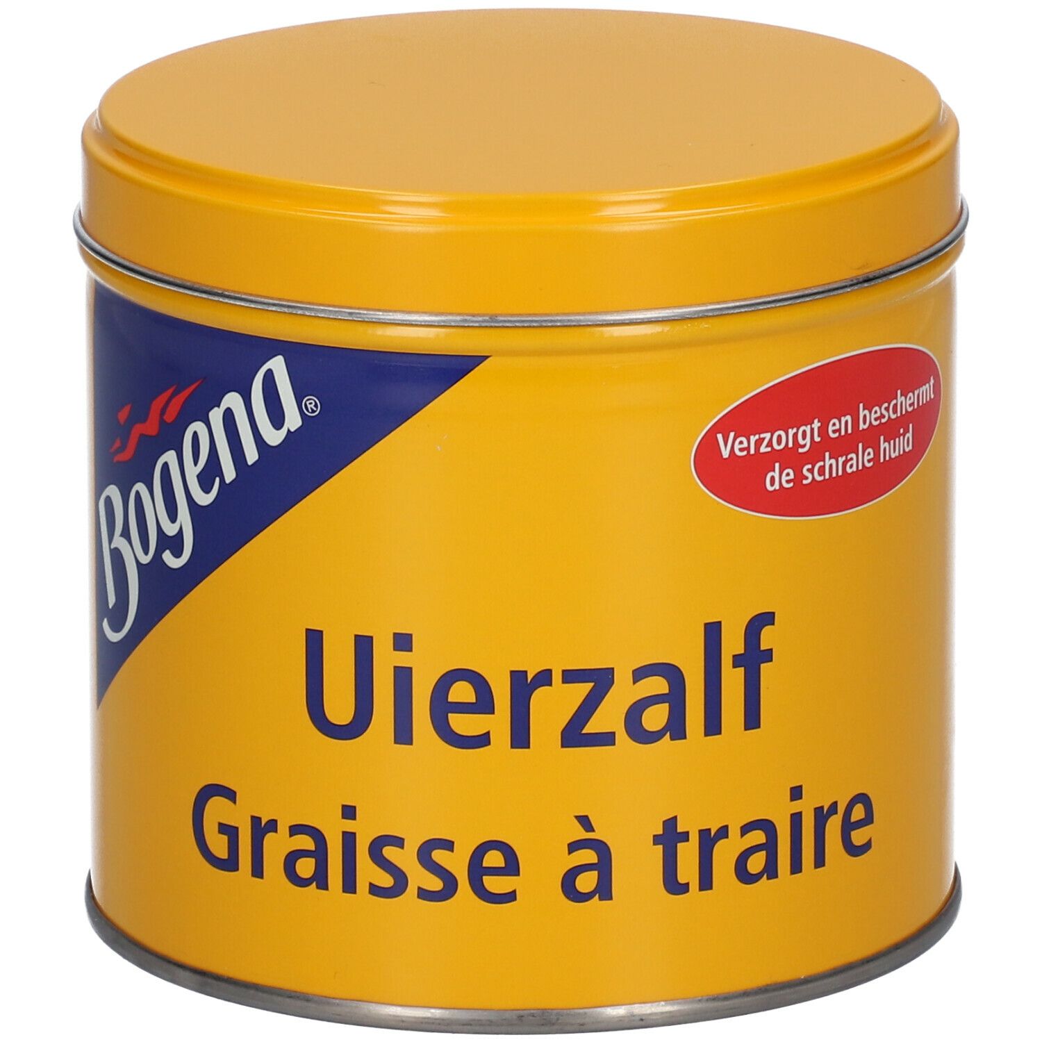 Boîte jaune avec couvercle. Inscription : Bogena, Uierzalf, Graisse à traire. Autocollant rouge : Verzorgt en beschermt de schrale huid.