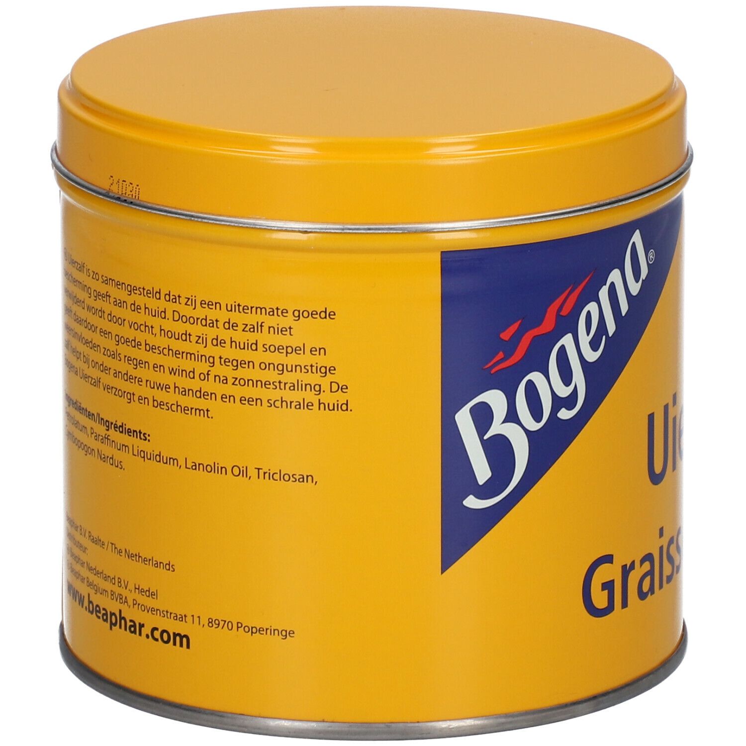 Boîte jaune avec couvercle. Inscription : Bogena, Uierzalf, Graisse à traire. Texte en néerlandais. Liste des ingrédients.