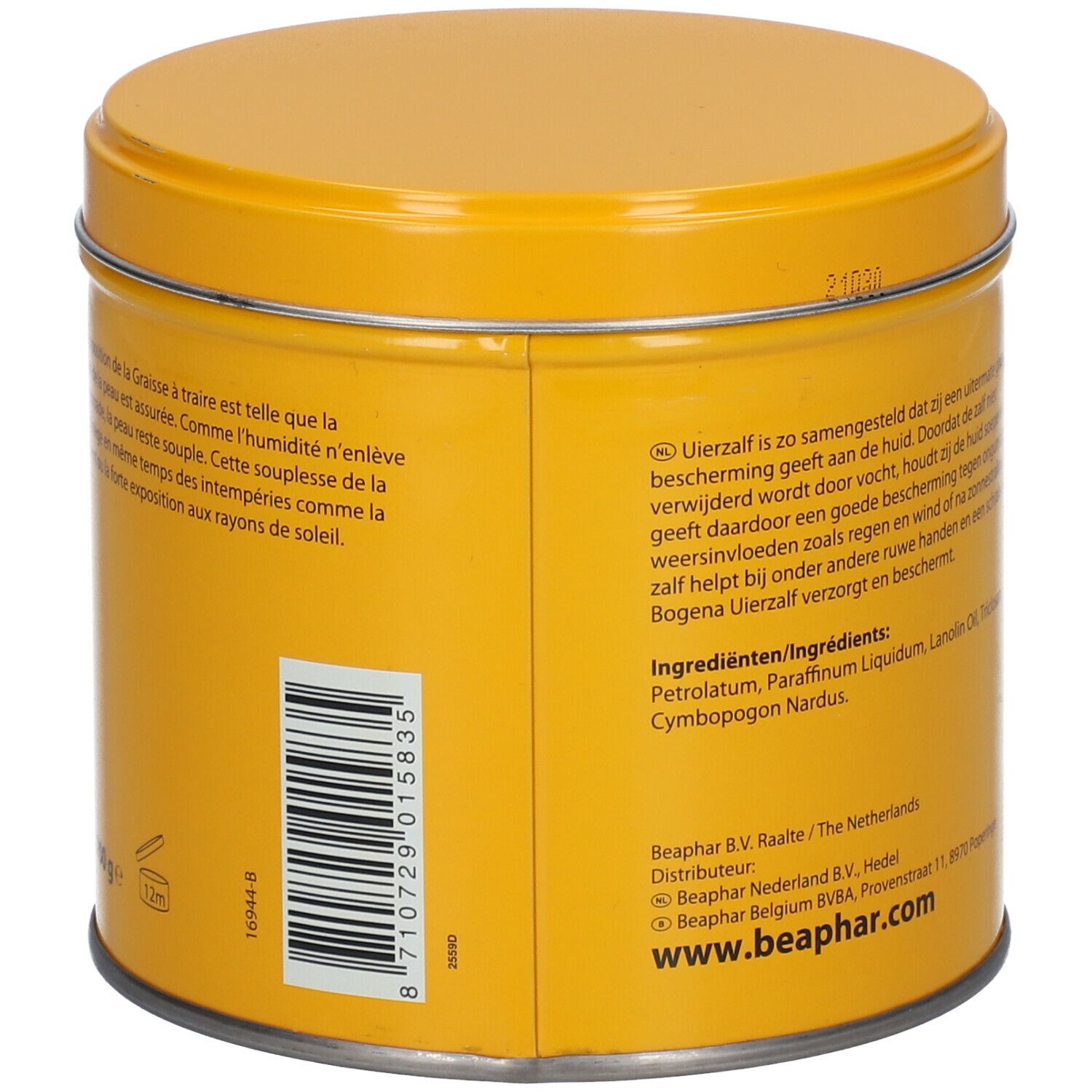 Boîte jaune avec couvercle. Texte en néerlandais et français. Liste des ingrédients. Informations sur le fabricant.