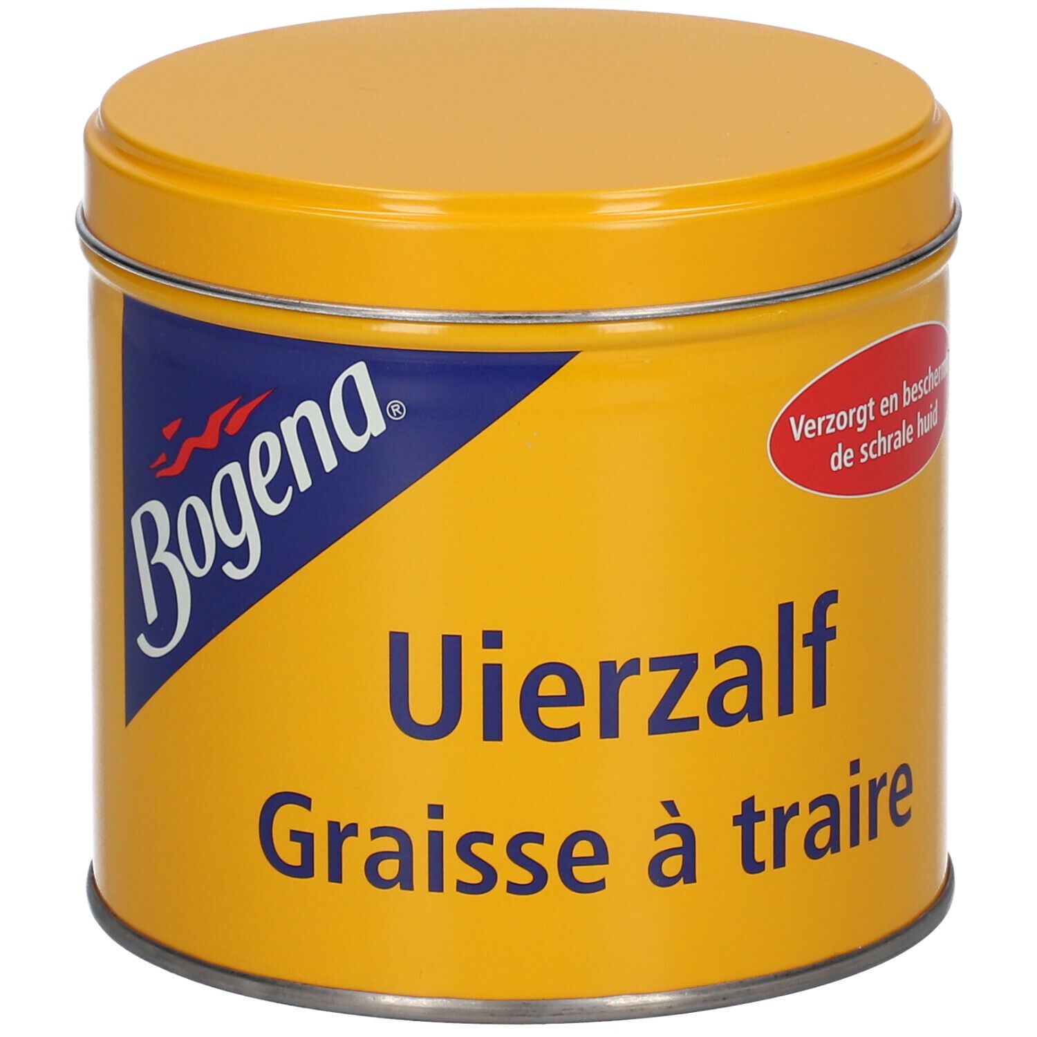 Boîte jaune avec couvercle. Inscription : Bogena, Uierzalf, Graisse à traire. Autocollant rouge : Verzorgt en beschermt de schrale huid.