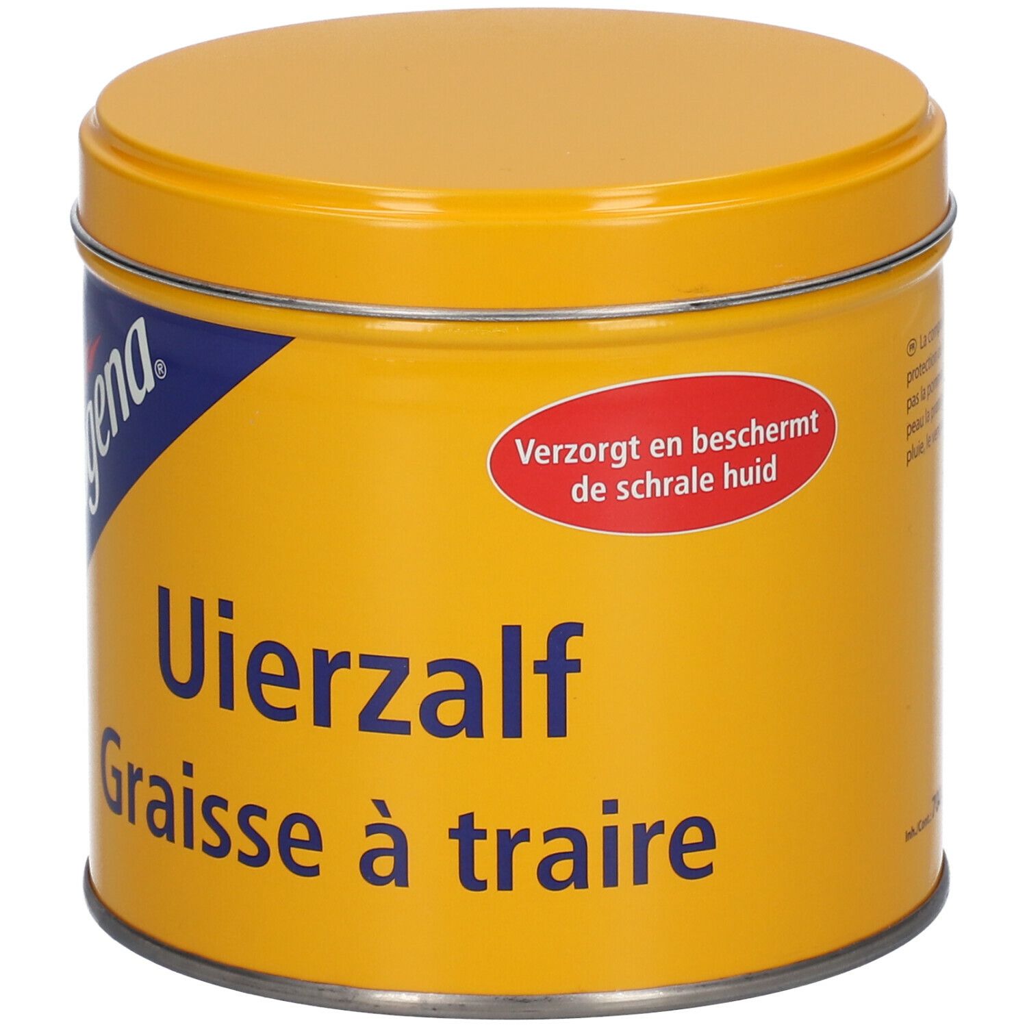 Boîte jaune avec couvercle. Inscription : Bogena, Uierzalf, Graisse à traire. Autocollant rouge : Verzorgt en beschermt de schrale huid.