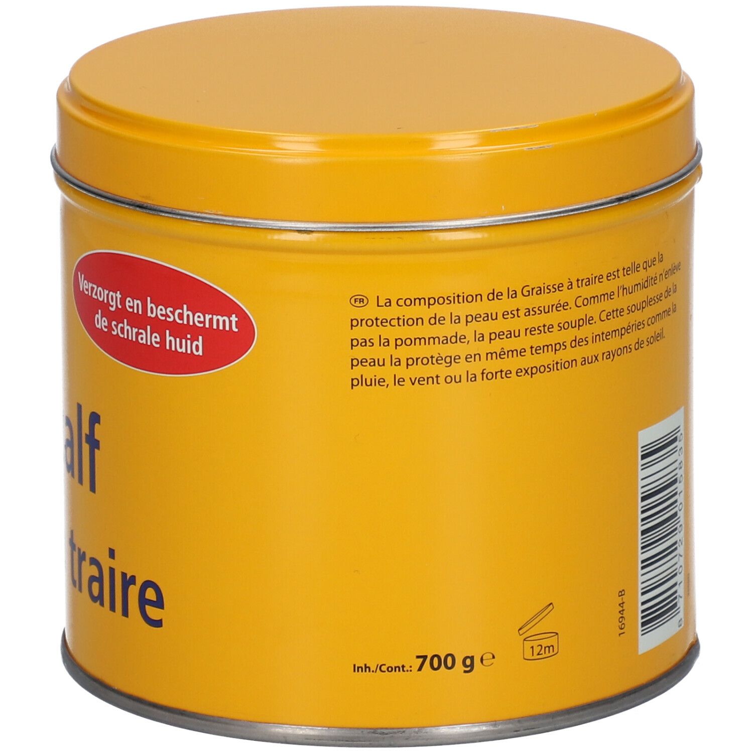 Boîte jaune avec couvercle. Inscription : Uierzalf, Graisse à traire. Autocollant rouge : Verzorgt en beschermt de schrale huid. 700g.
