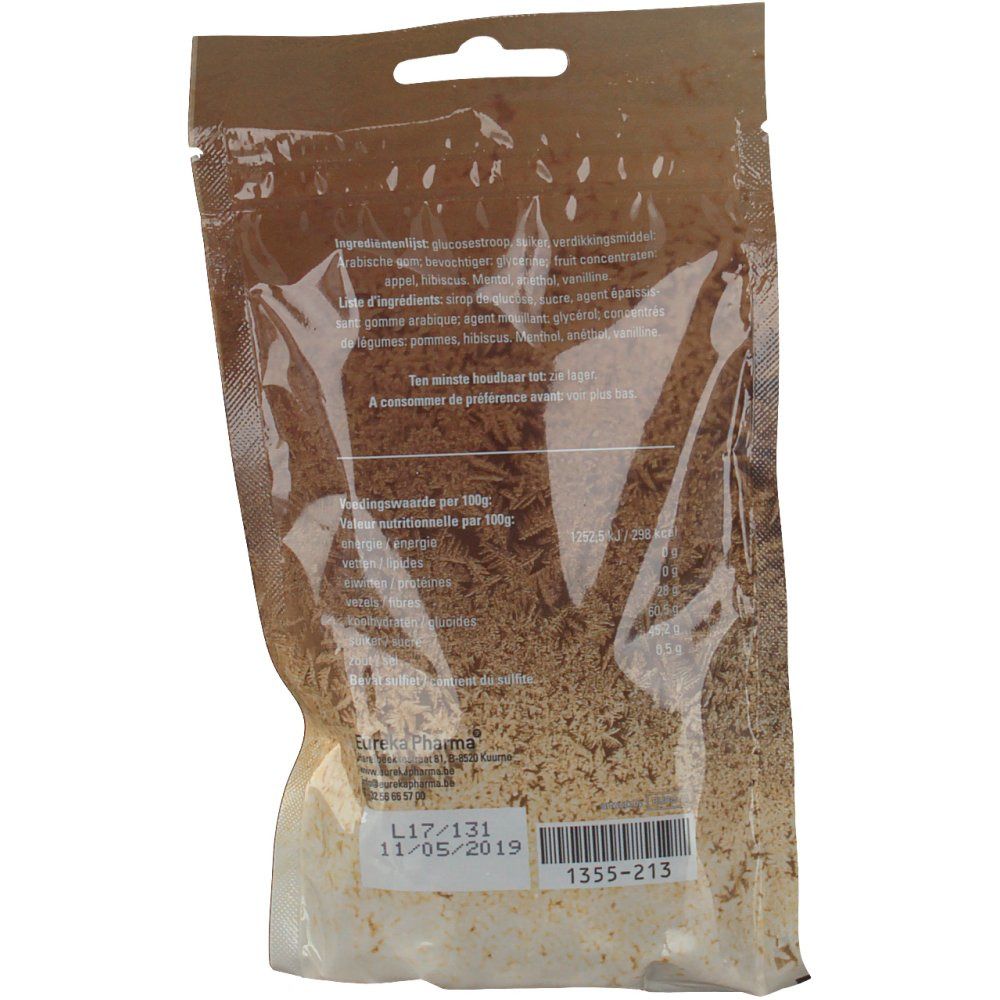 Dos du sachet Eucalair Bronchiales. Emballage transparent, fond marron, texte et numéro de lot.