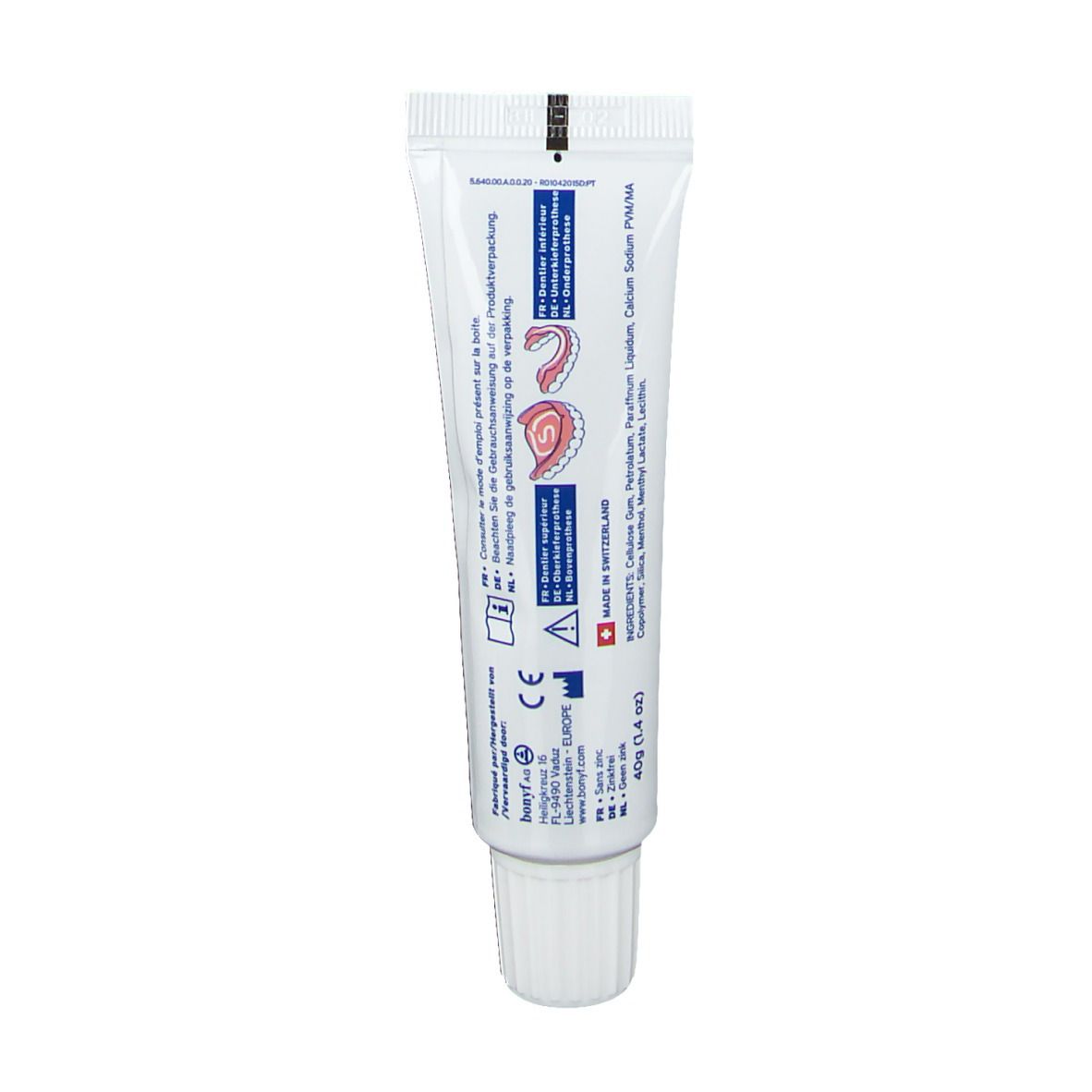 Dos du tube de crème adhésive. Ingrédients, Fabriqué en Suisse, marquage CE, 40g.