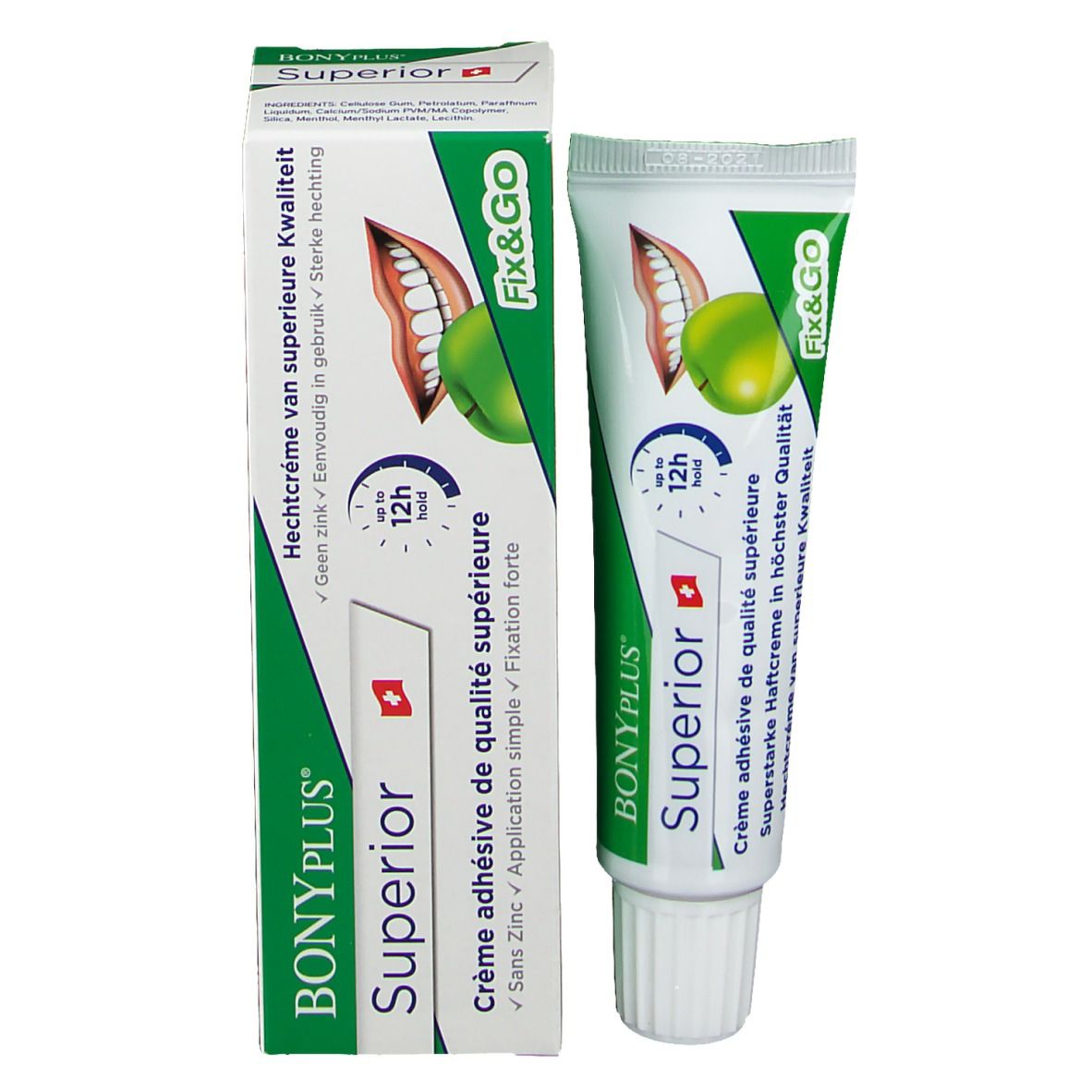Tube et boîte de crème adhésive BONYPLUS Superior. Drapeau suisse, Fix&Go. Texte: Crème adhésive de qualité supérieure.