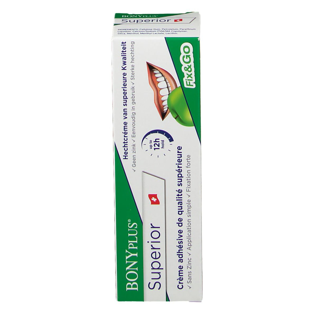 Boîte. Texte: BONYPLUS Superior, Crème adhésive de qualité supérieure. Drapeau suisse, Fix&Go.