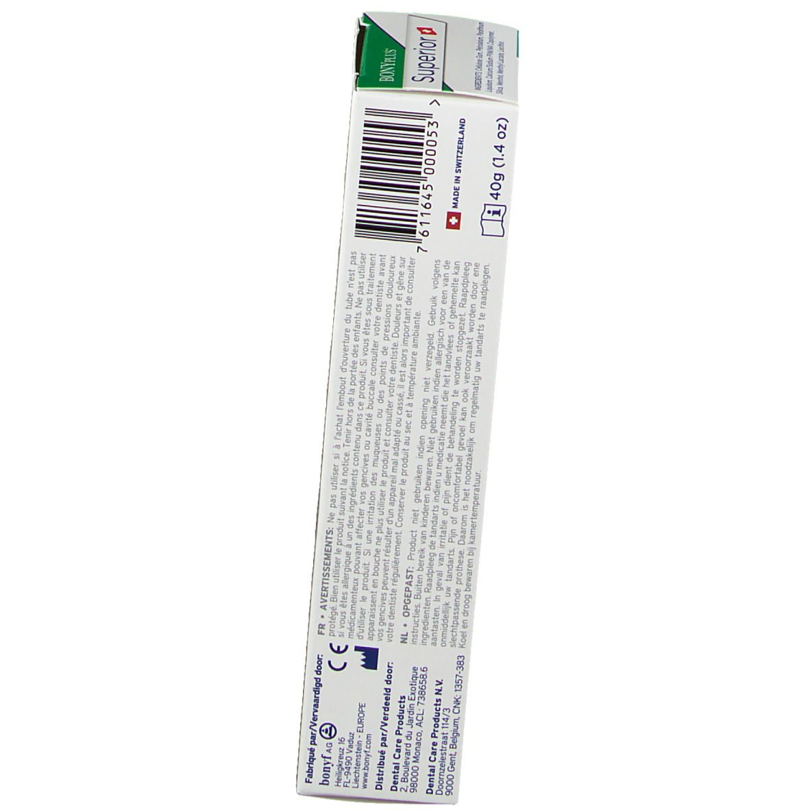 Boîte, côté. Texte: Avertissements, 40g (1.4 oz), code-barres, marquage CE.