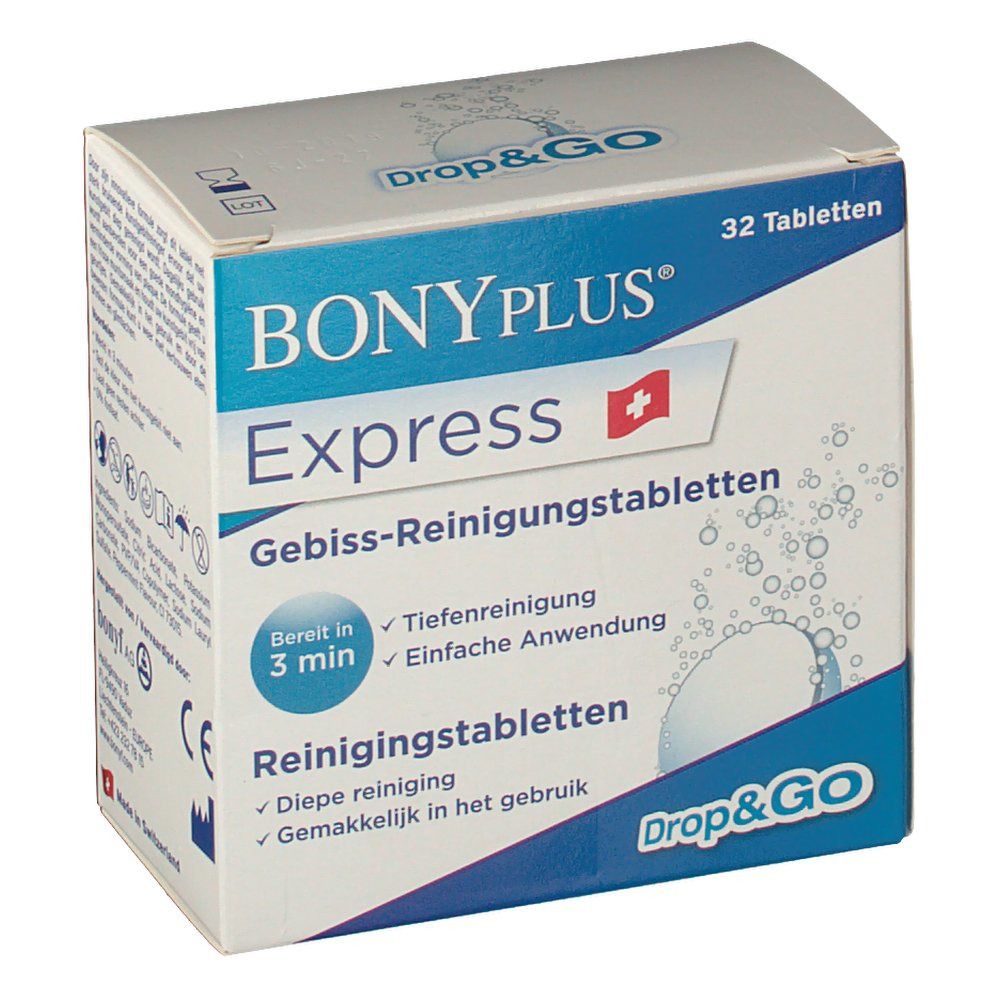 Boîte de comprimés nettoyants pour prothèses dentaires BONYPLUS Express. Emballage bleu et blanc. Croix suisse. 32 comprimés. Drop&Go.