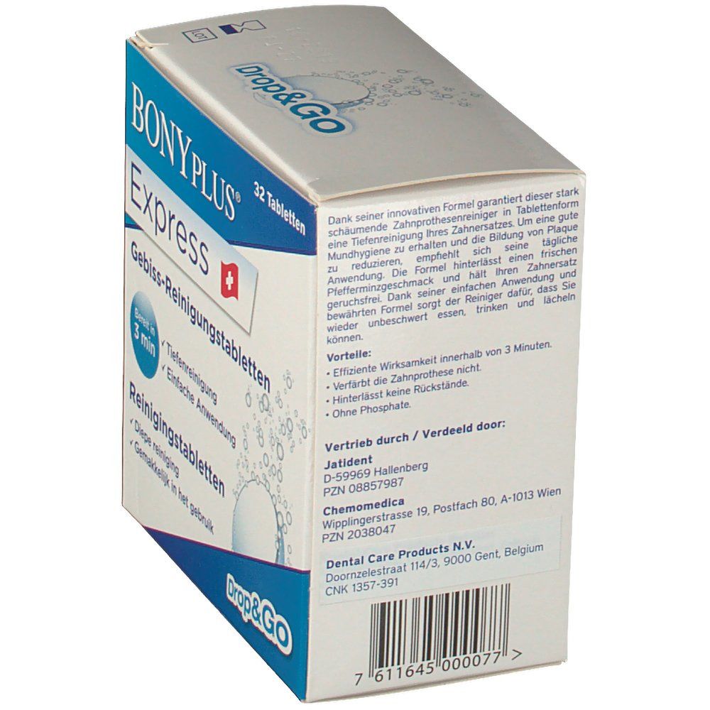 Boîte de comprimés nettoyants pour prothèses dentaires BONYPLUS Express. Emballage bleu et blanc. Texte. Drop&Go. 32 comprimés.