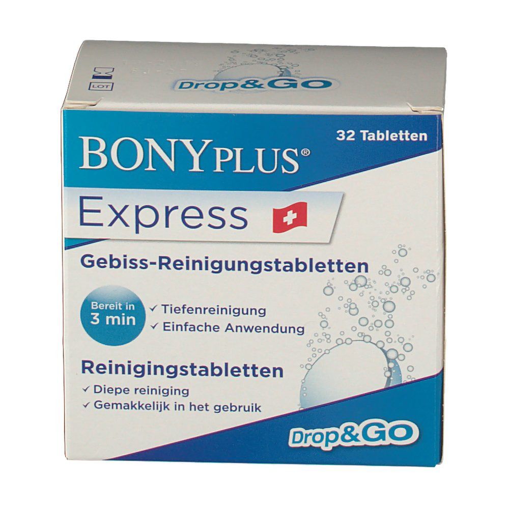 Boîte de comprimés nettoyants pour prothèses dentaires BONYPLUS Express. Emballage bleu et blanc. Croix suisse. 32 comprimés. Drop&Go.