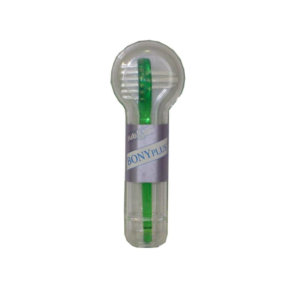 Brosse pour prothèse Bony Plus dans un étui transparent. Le manche est transparent, la tête de brosse verte. Le nom "BONYPLUS" est visible.