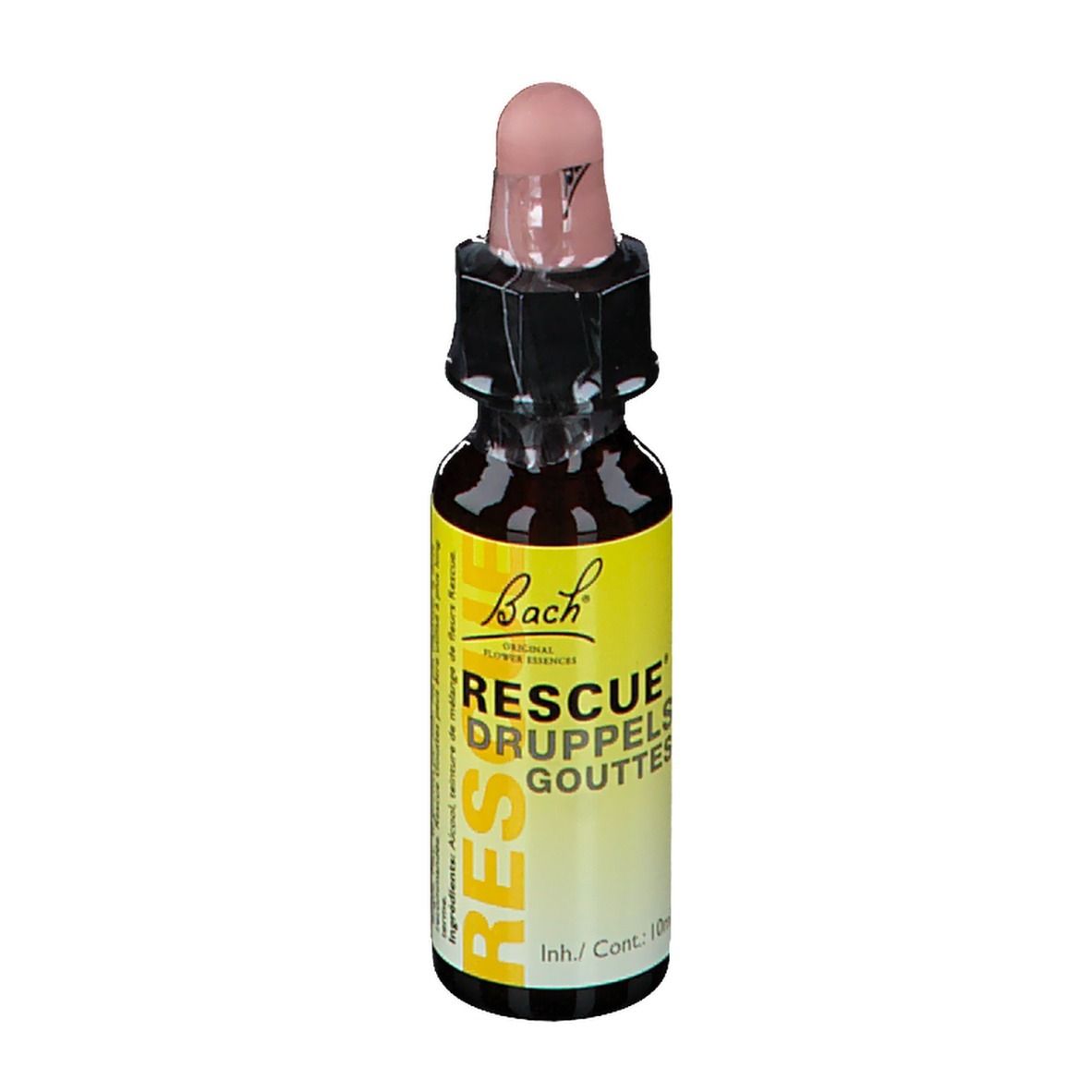 Braune Glasflasche mit rosa Tropfer. Gelbes Etikett mit Text: RESCUE DRUPPELS GOUTTES. Bach-Logo.