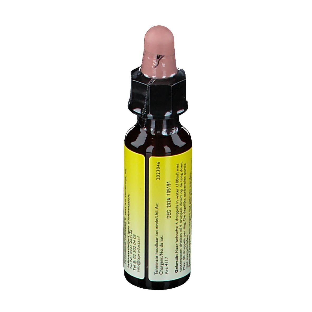 Braune Glasflasche mit rosa Tropfer. Gelbes Etikett mit Text. Haltbarkeitsdatum: DEC 2024. Chargennummer. Gebrauchsanweisung.