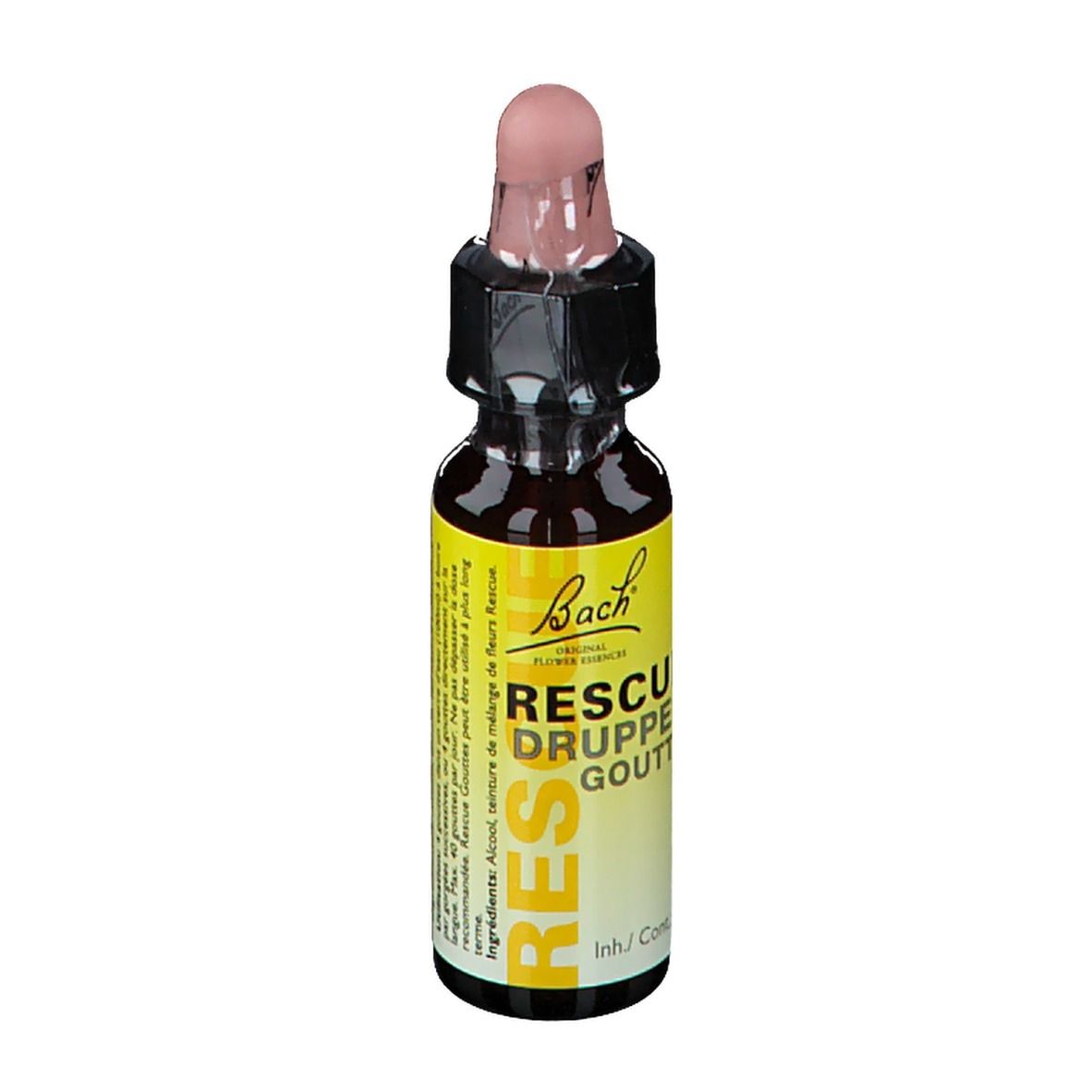 Braune Glasflasche mit rosa Tropfer. Gelbes Etikett mit Text: RESCUE DRUPPELS GOUTTES. Bach-Logo. Inhaltsstoffe.