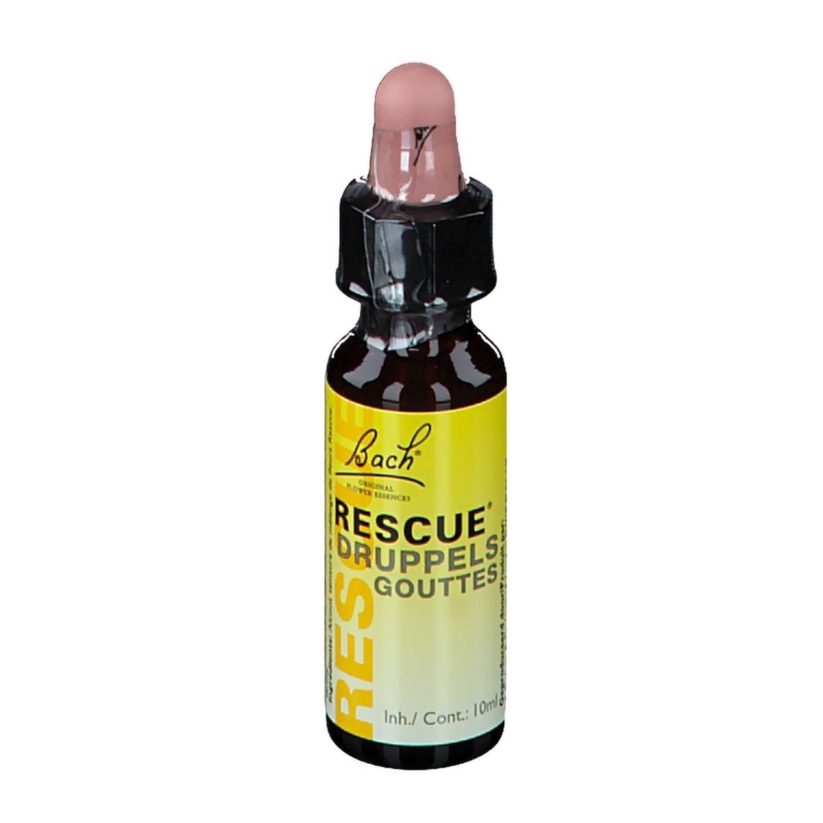 Braune Glasflasche mit rosa Tropfer. Gelbes Etikett mit Text: RESCUE DRUPPELS GOUTTES. Bach-Logo. Inhalt: 10ml.
