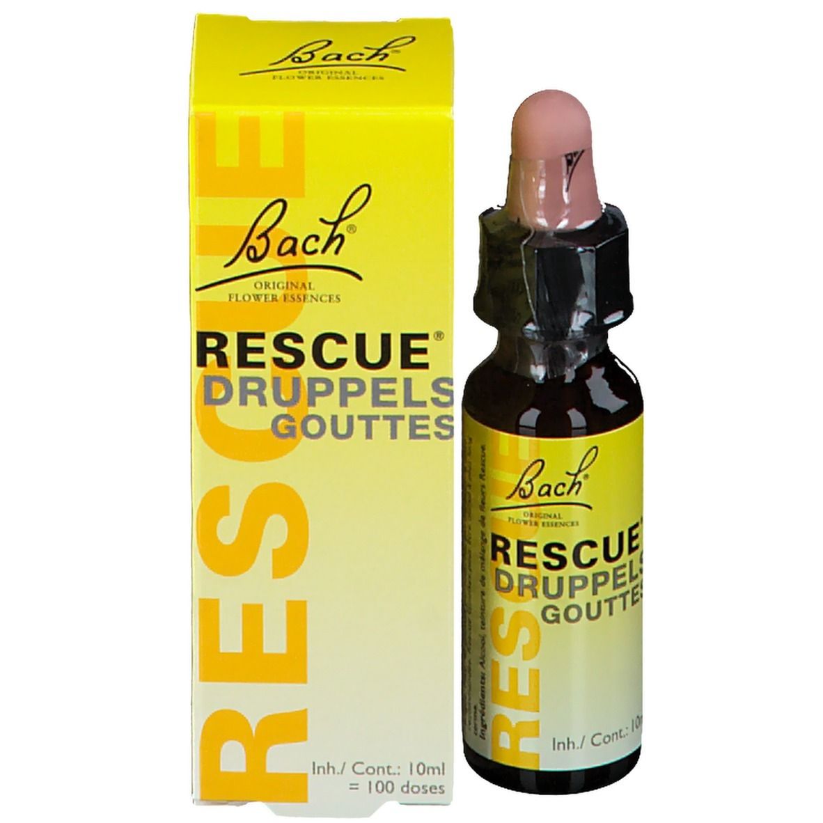 Produktflasche und Verpackung. Braune Flasche mit rosa Tropfer. Gelbe Verpackung mit Text: RESCUE DRUPPELS GOUTTES. Bach-Logo.