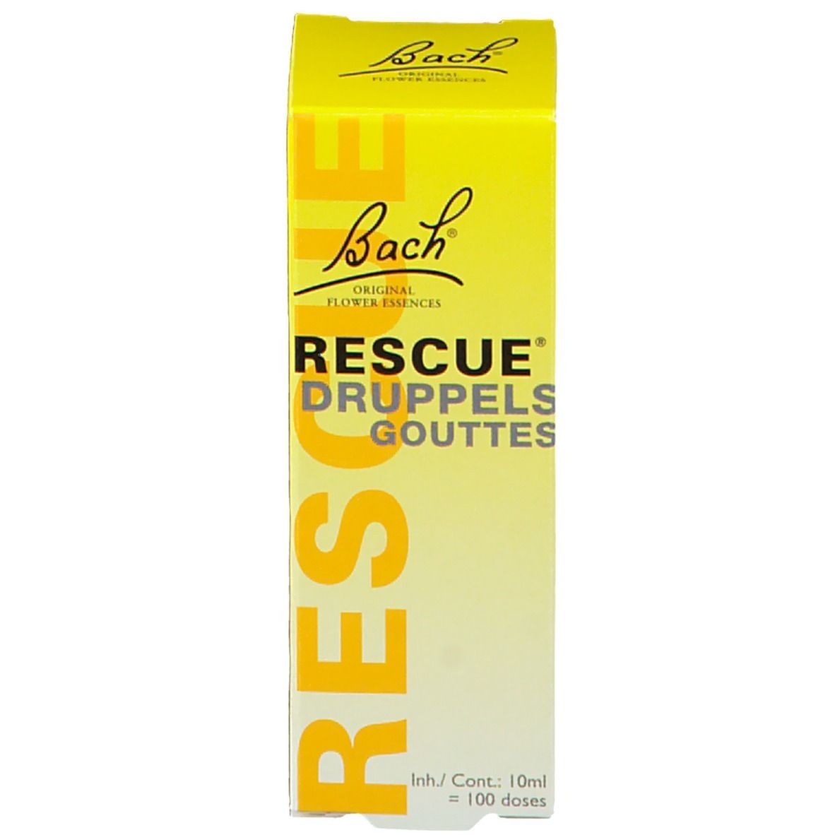 Gelbe Verpackung mit Text: RESCUE DRUPPELS GOUTTES. Bach-Logo. Inhalt: 10ml = 100 Dosen.