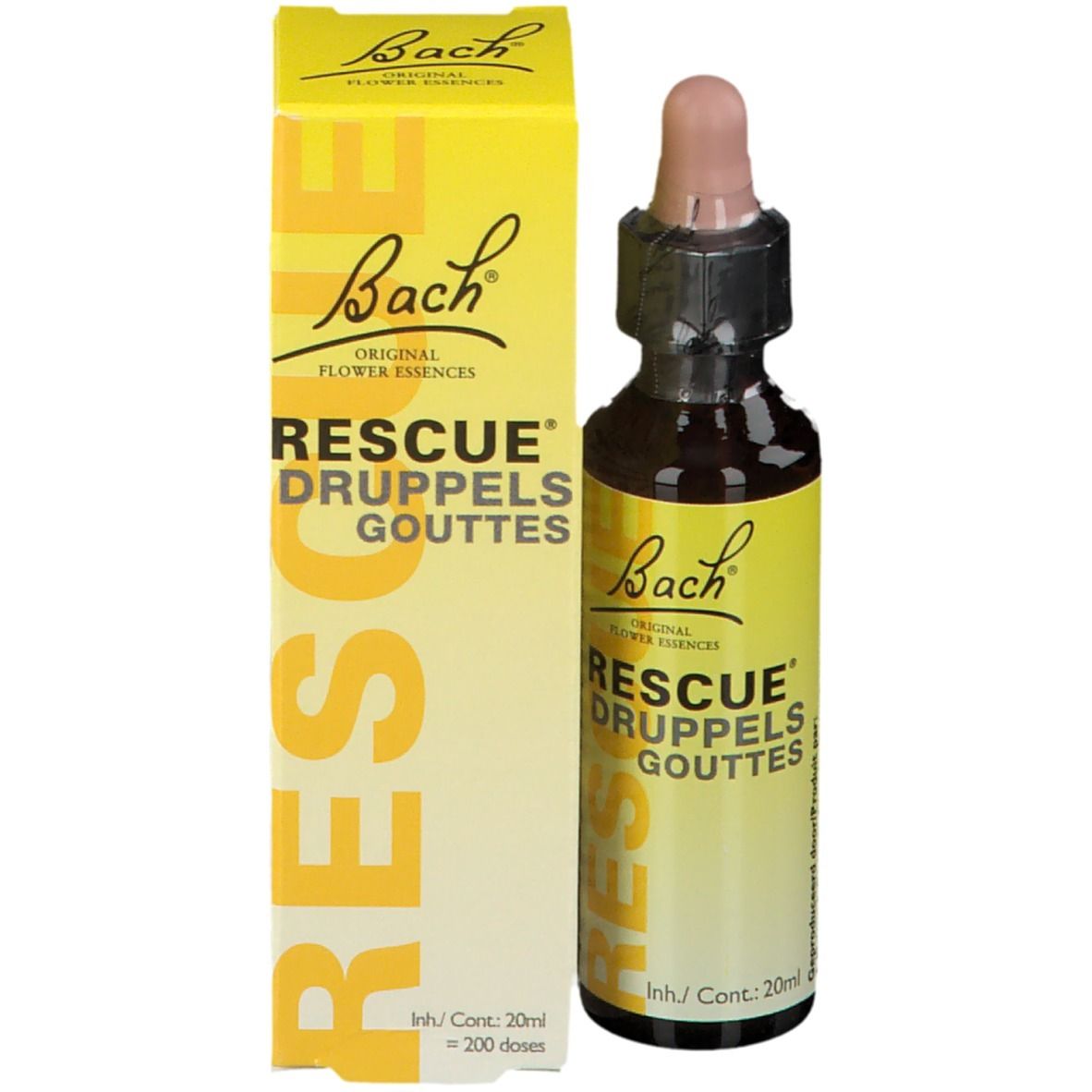 Braune Glasflasche mit gelbem Etikett und Karton. Rosa Pipette. Beschriftung: Rescue Druppels, Gouttes.