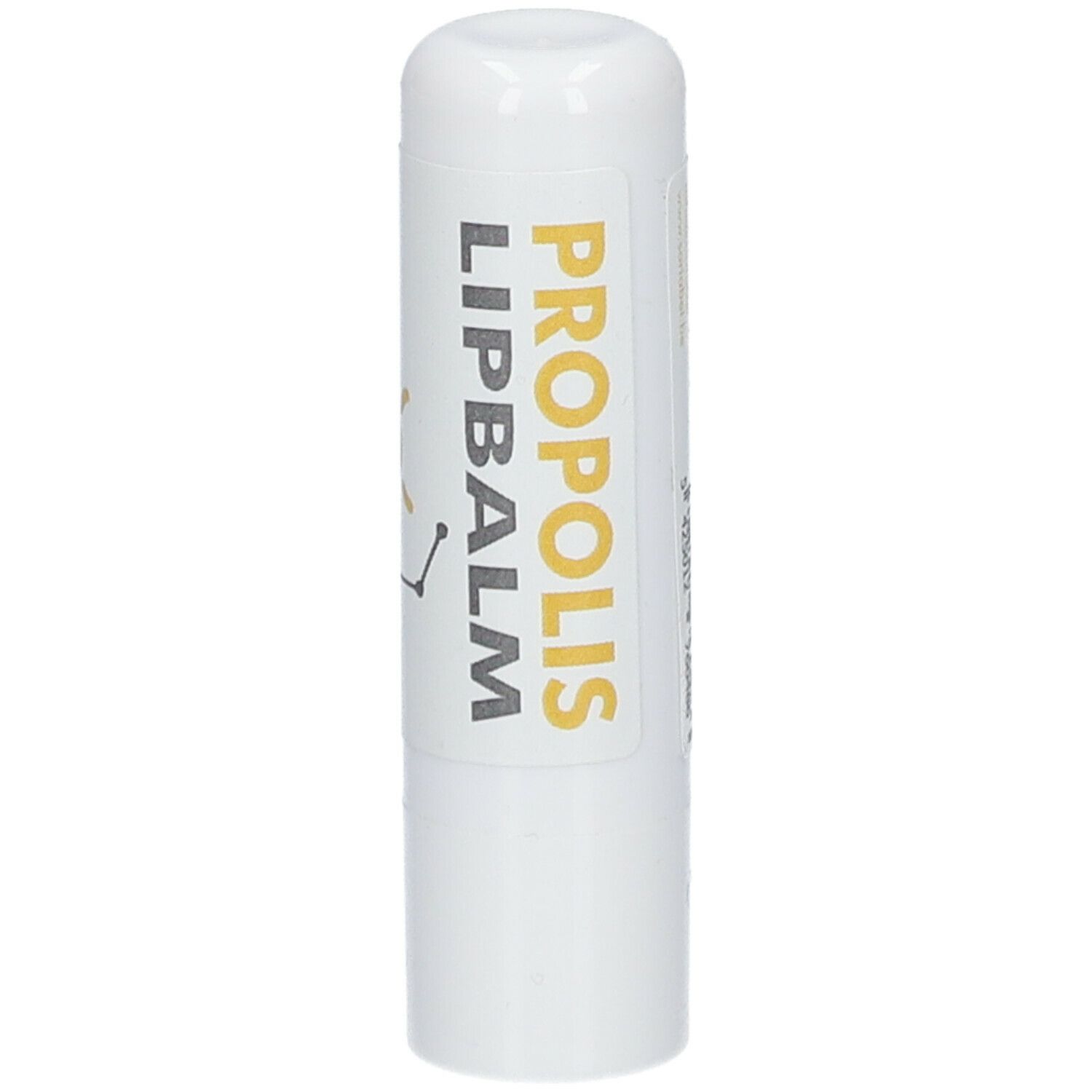 Stick à lèvres blanc avec impression jaune et grise: PROPOLIS LIPBALM. Partie supérieure arrondie.