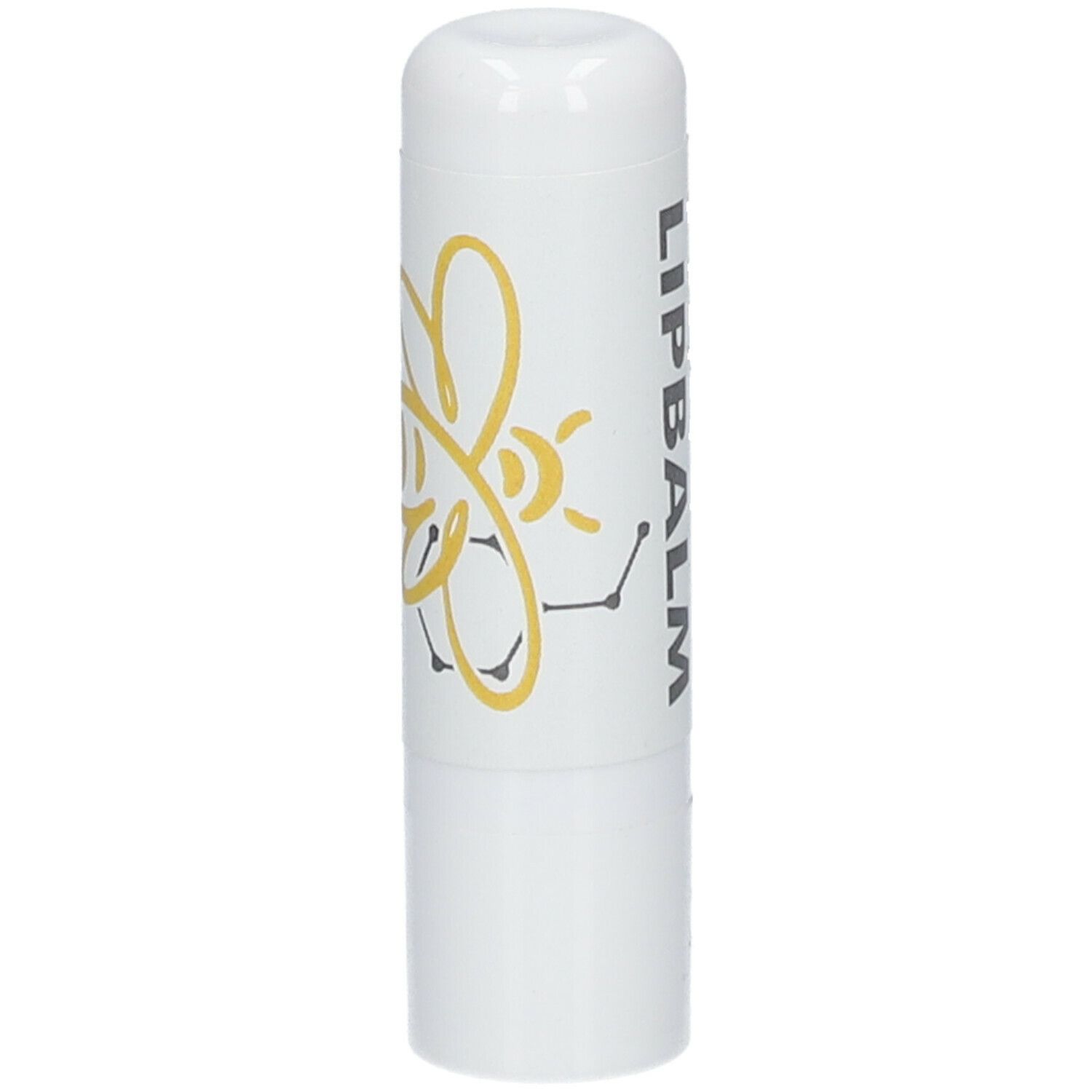 Stick à lèvres blanc avec logo abeille jaune et texte gris: LIPBALM. Partie supérieure arrondie.