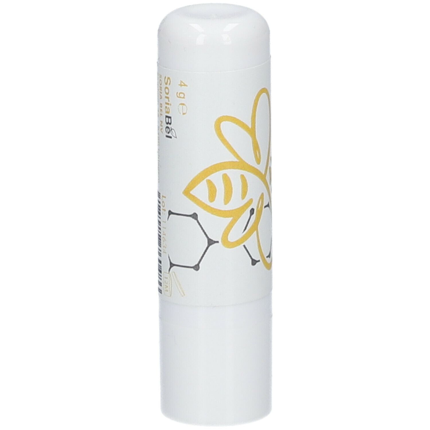 Stick à lèvres blanc avec logo abeille jaune et texte gris. Impression: 4 g. Partie supérieure arrondie.