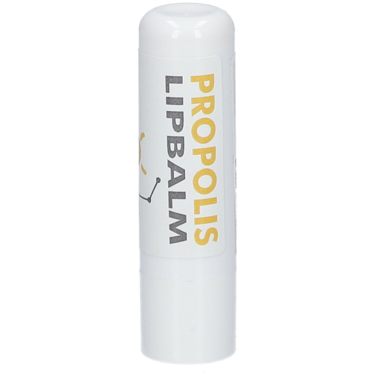 Stick à lèvres blanc avec impression jaune et grise: PROPOLIS LIPBALM. Partie supérieure arrondie.
