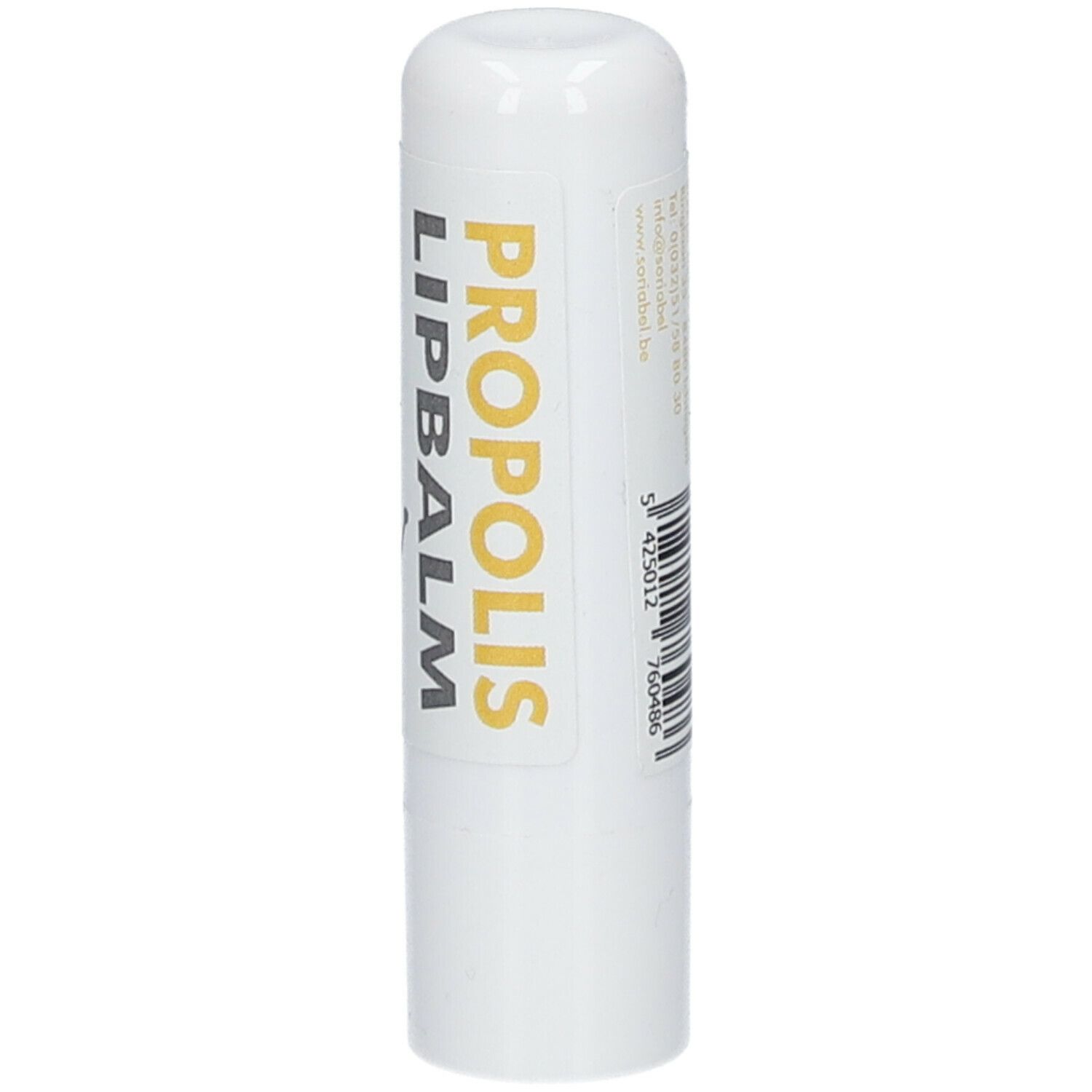 Stick à lèvres blanc avec impression jaune et grise: PROPOLIS LIPBALM. Code-barres et texte. Partie supérieure arrondie.