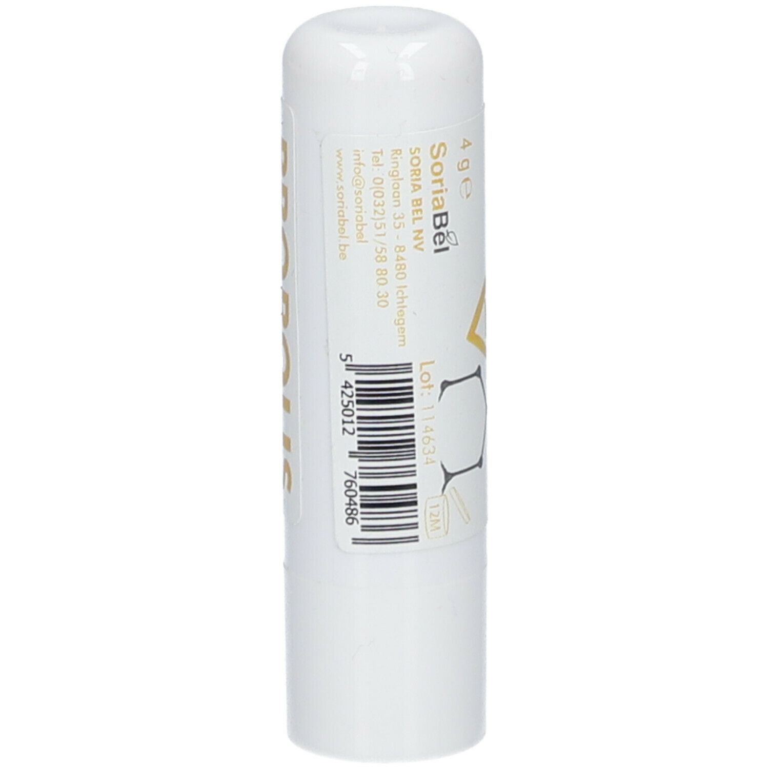 Stick à lèvres blanc avec impression jaune et grise. Code-barres et texte. Partie supérieure arrondie. Informations fabricant.