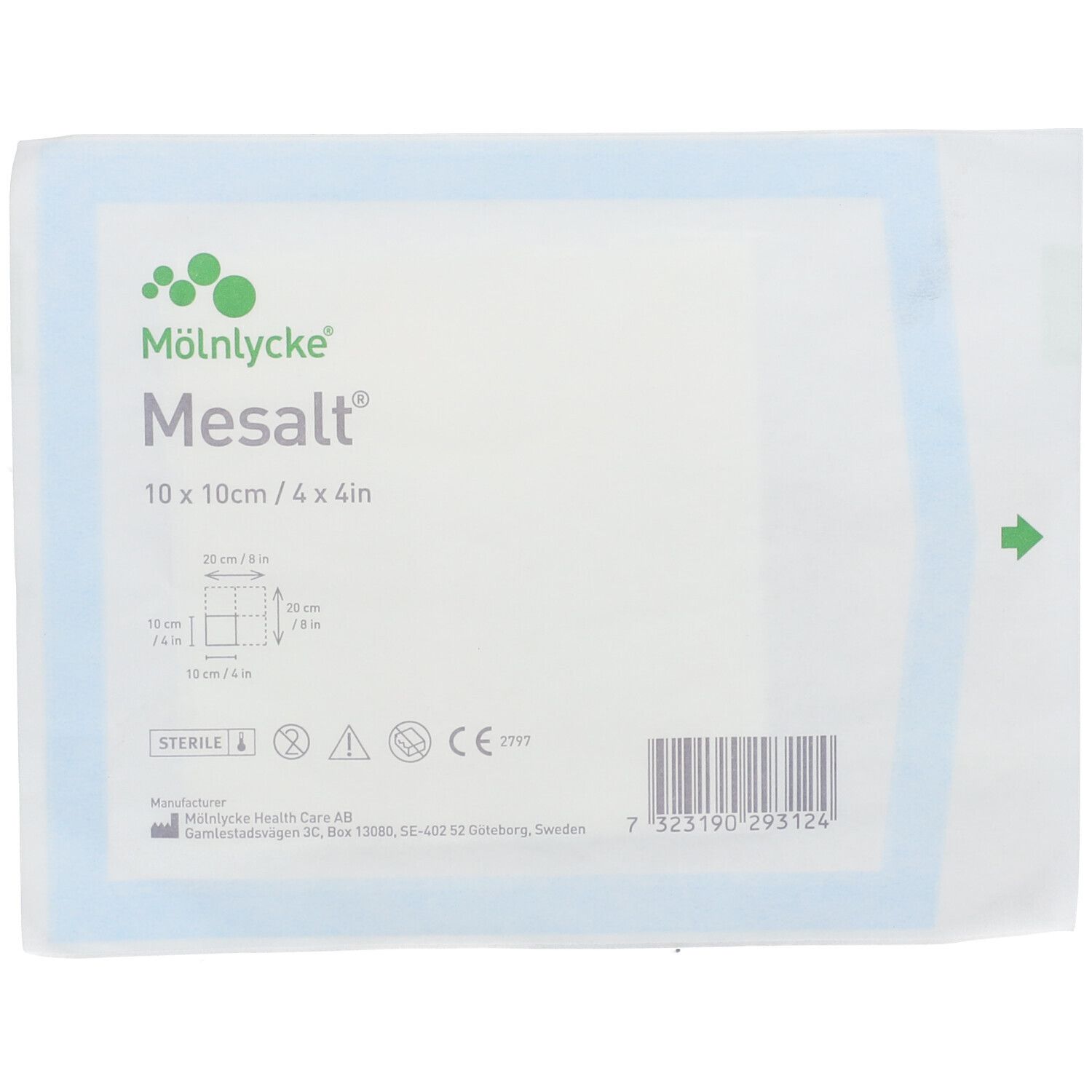 Compresse Mesalt 10 x 10 cm, emballage stérile. Bordure bleue, flèche verte. Nom du produit et marque visibles.