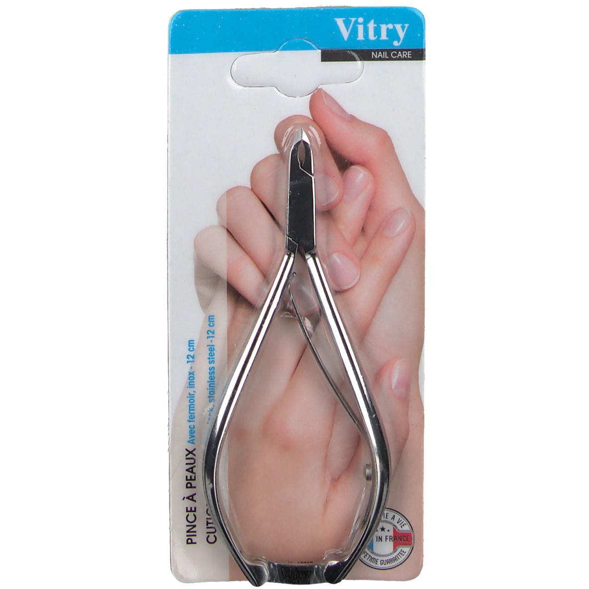 Huidtang met sluiting. Roestvrij staal, 12 cm. Op blisterkaart. Vitry-logo.