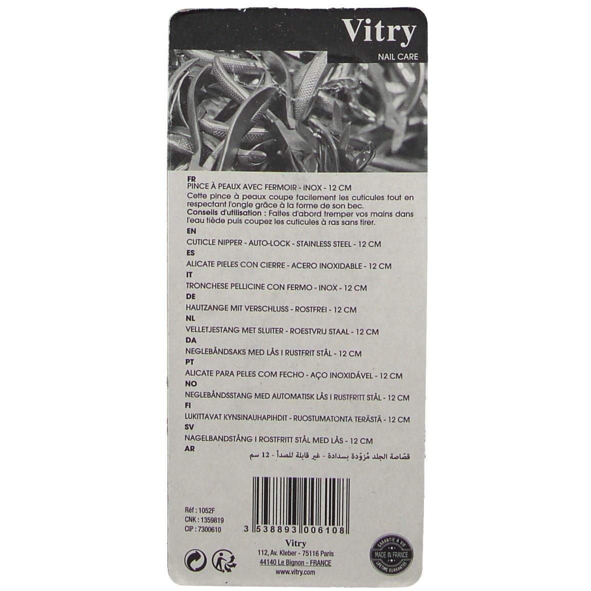 Achterkant van de blisterkaart. Productinformatie en barcode. Vitry-logo.