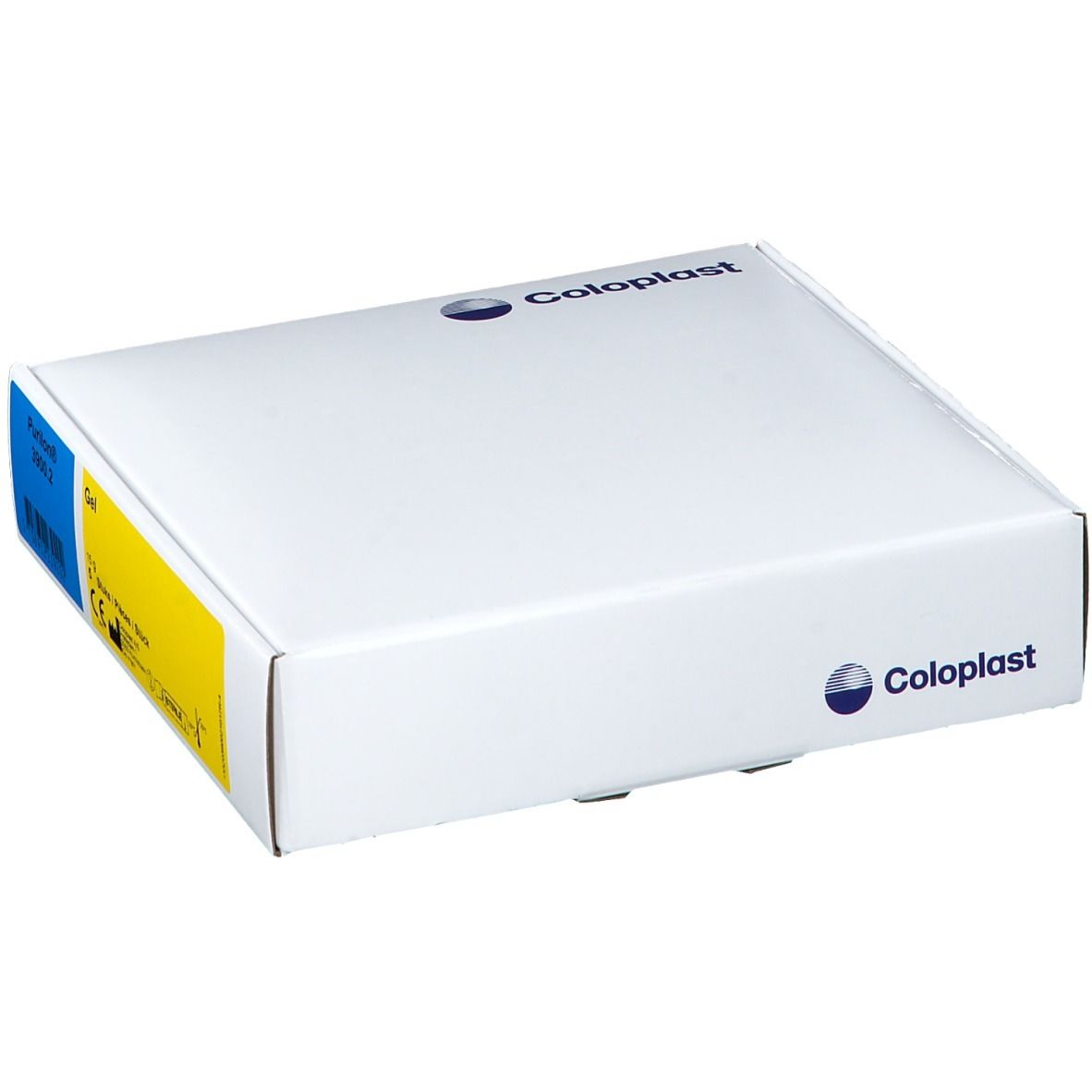 Boîte blanche avec logo COLOPLAST. Autocollants bleus et jaunes avec informations produit.