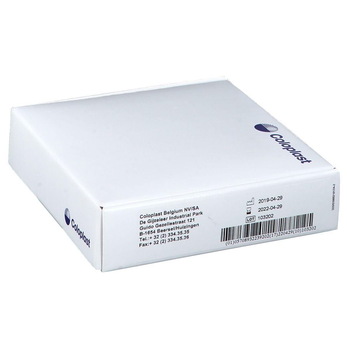 Boîte blanche avec logo COLOPLAST. Impression avec adresse, date et code-barres.