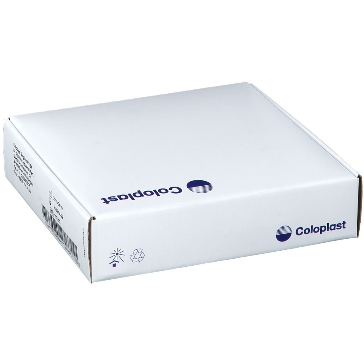 Boîte blanche avec logo COLOPLAST. Impression avec symboles et informations produit.