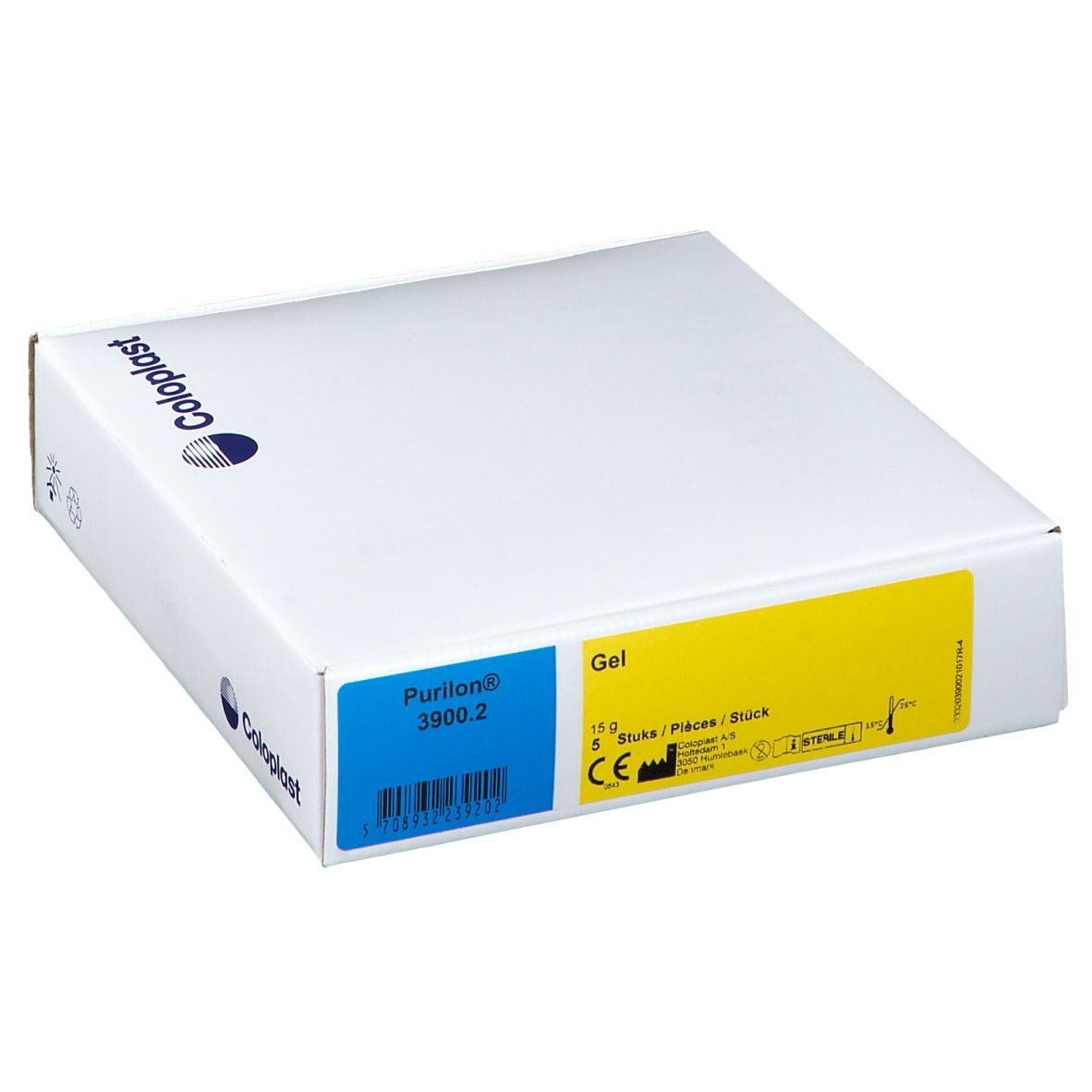 Boîte blanche avec logo COLOPLAST. Autocollants bleus et jaunes avec nom et détails du produit.