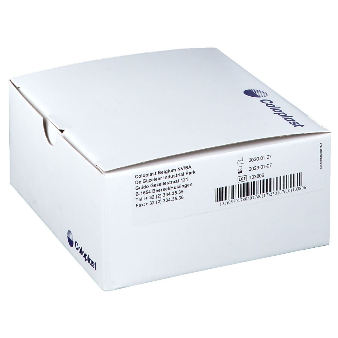 Boîte blanche avec logo Coloplast et informations produit. Texte et code-barres sur le côté.