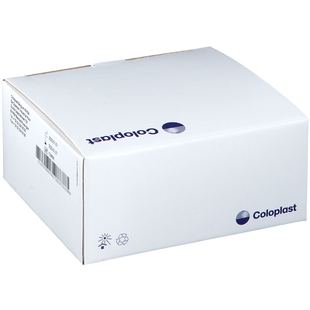 Boîte blanche avec logo Coloplast. Le logo est centré sur le dessus de la boîte.