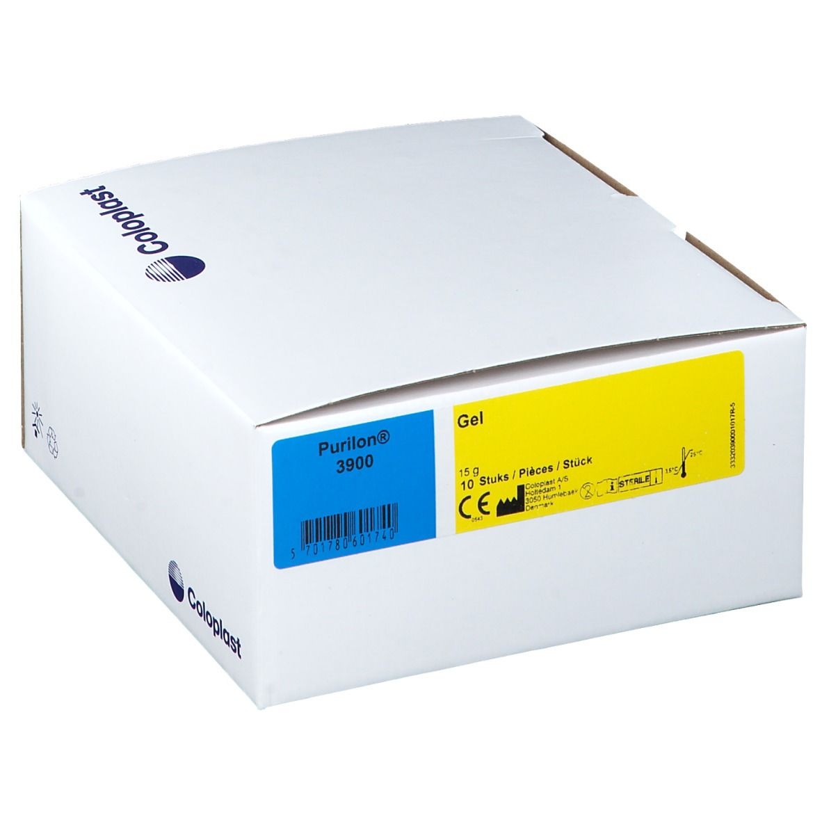 Boîte blanche avec logo Coloplast. Étiquettes bleues et jaunes avec informations produit, dont 'Purilon'.