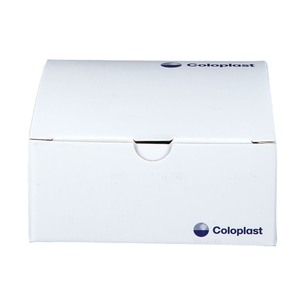 Boîte blanche avec logo Coloplast. La boîte a une ouverture arrondie.
