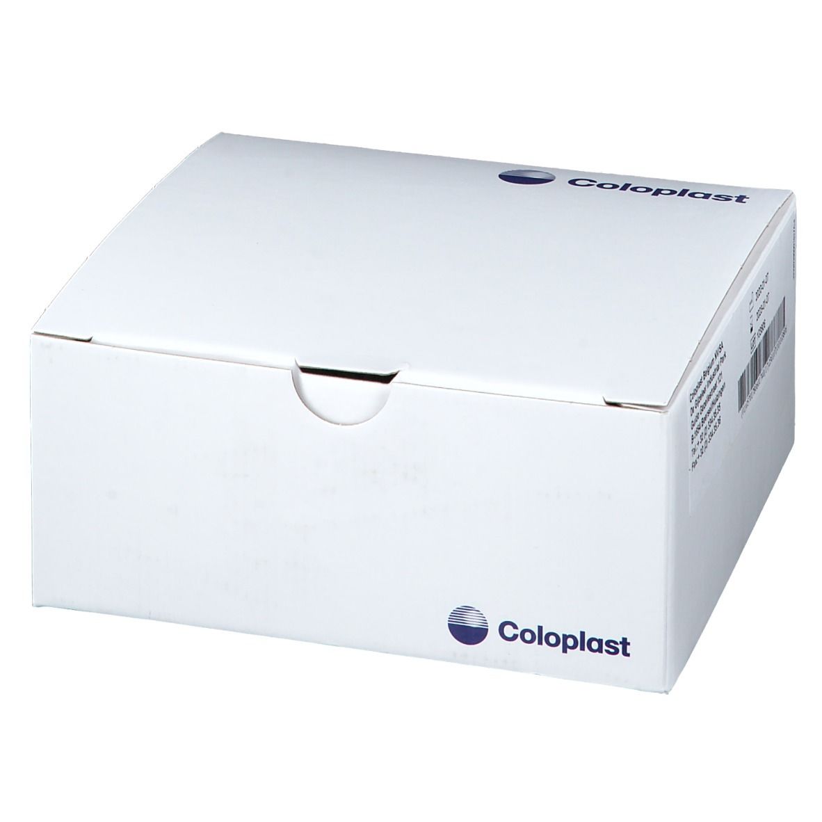 Boîte blanche avec logo Coloplast. La boîte a une ouverture arrondie et des informations produit.