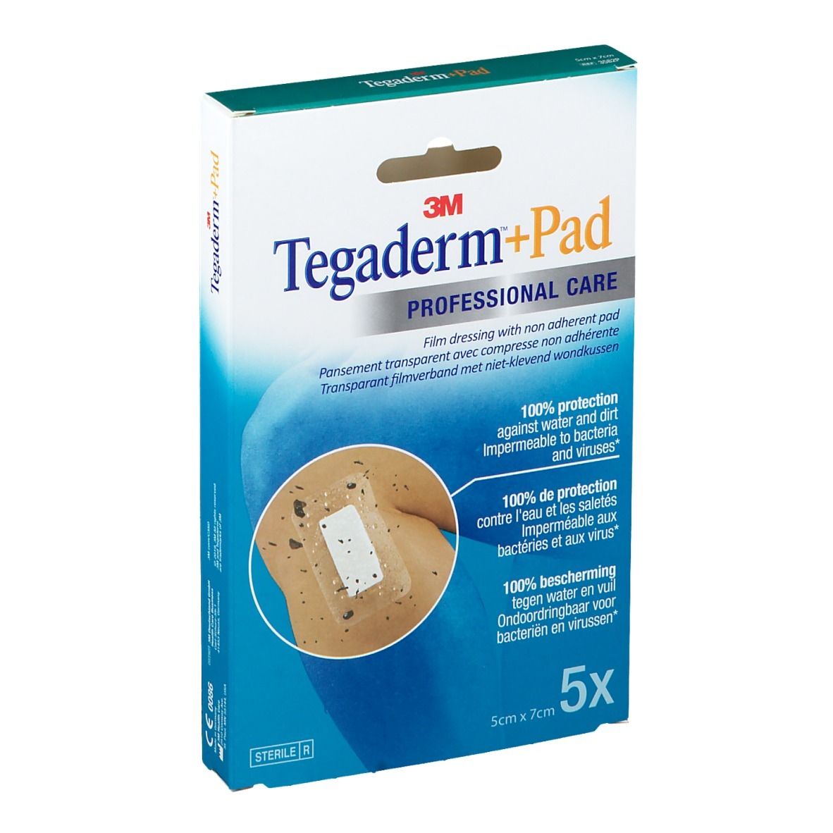 Boîte de 3M Tegaderm+Pad. Contient 5 pansements transparents, 5 x 7 cm. Protection 100% contre l'eau, la saleté, les bactéries et les virus.